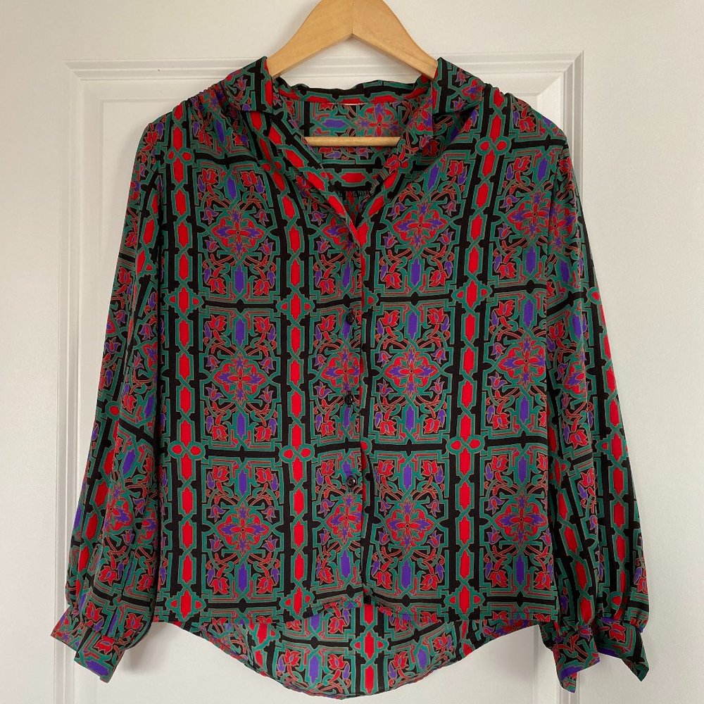 Vintage Geometric Print Button Front Blouse